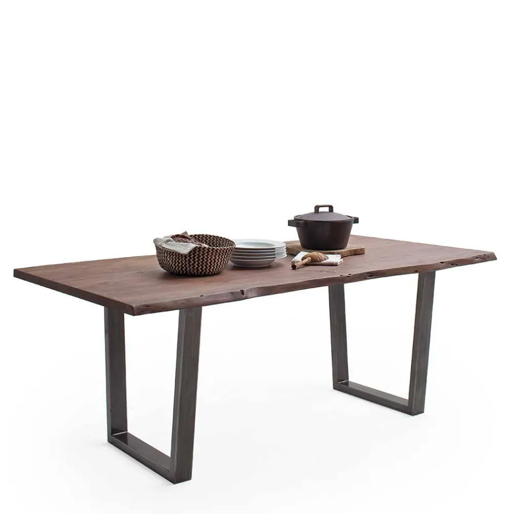 Wohnen Braune Möbel|Naturholzmöbel*Naturkanten-Esstisch mit Trapezgestell - Lausio