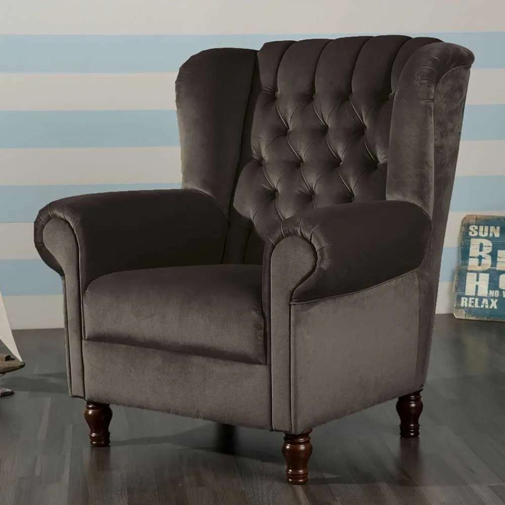 Wohnen Chesterfield Möbel*Ohrenbackensessel in Braun Samtvelours - Farella
