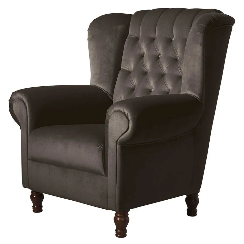 Wohnen Chesterfield Möbel*Ohrenbackensessel in Braun Samtvelours - Farella