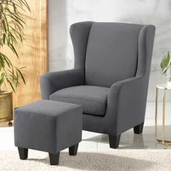 Wohnen Vintage Möbel*Ohrensessel mit Hocker in Grau - Odilla (zweiteilig)