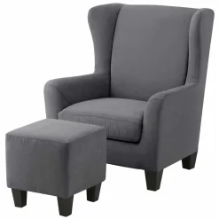 Wohnen Vintage Möbel*Ohrensessel mit Hocker in Grau - Odilla (zweiteilig)