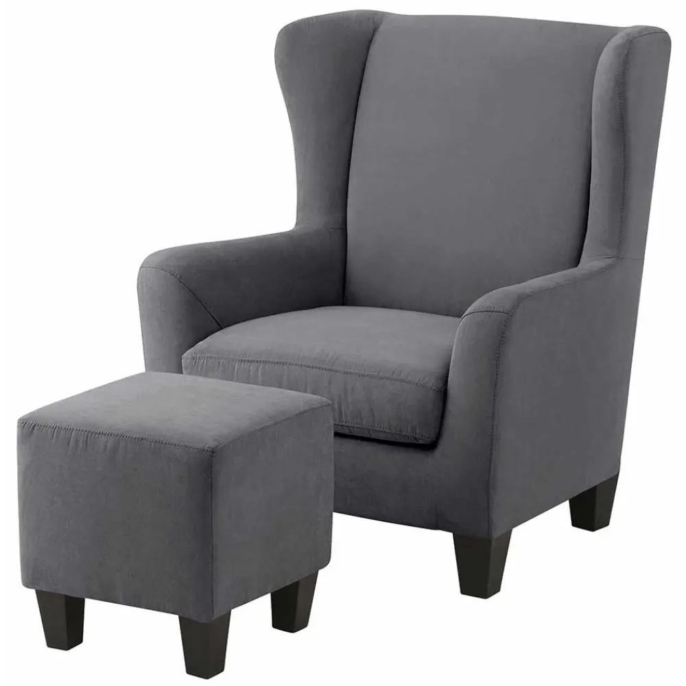 Wohnen Vintage Möbel*Ohrensessel mit Hocker in Grau - Odilla (zweiteilig)