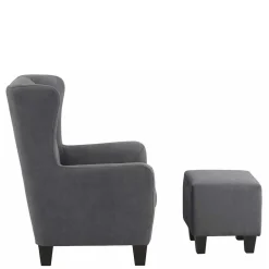 Wohnen Vintage Möbel*Ohrensessel mit Hocker in Grau - Odilla (zweiteilig)