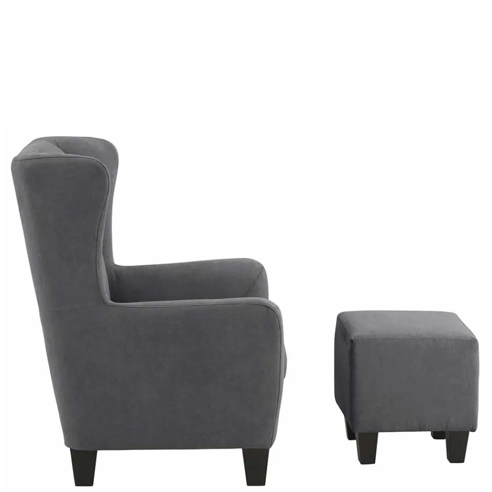 Wohnen Vintage Möbel*Ohrensessel mit Hocker in Grau - Odilla (zweiteilig)
