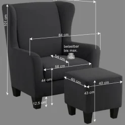 Wohnen Vintage Möbel*Ohrensessel mit Hocker in Grau - Odilla (zweiteilig)