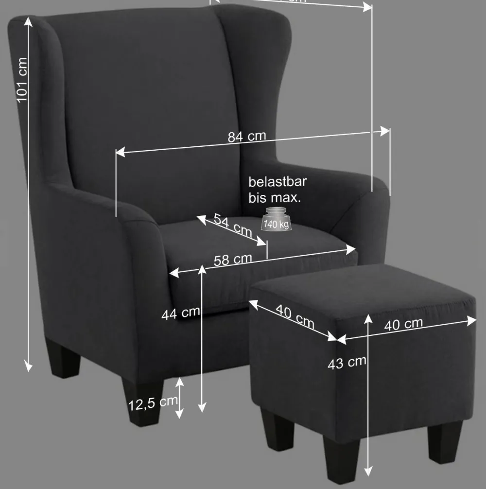 Wohnen Vintage Möbel*Ohrensessel mit Hocker in Grau - Odilla (zweiteilig)