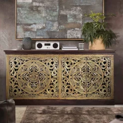 Wohnen Oriental Design Sideboard in Gold und Walnussbraun - Roswito