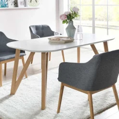 Wohnen Küchentische|Skandinavische Möbel*Ovaler Designtisch in Weiß & Eichefarben - Calypso