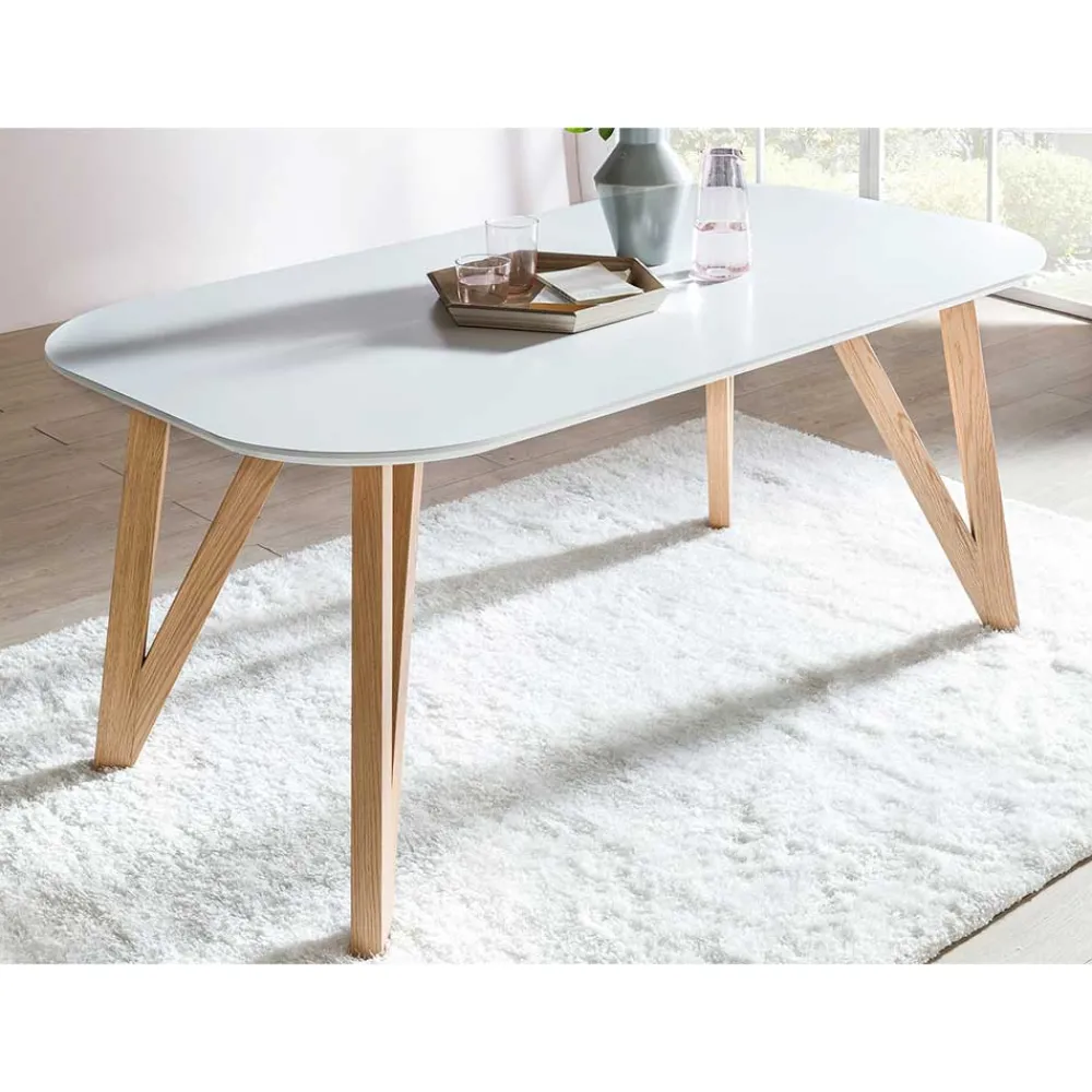 Wohnen Küchentische|Skandinavische Möbel*Ovaler Designtisch in Weiß & Eichefarben - Calypso