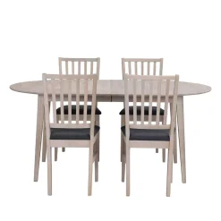 Wohnen Ovaler Esstisch Eiche White Wash & 4 Stühle Pessoa mit Webstoff Grau (fünfteilig)