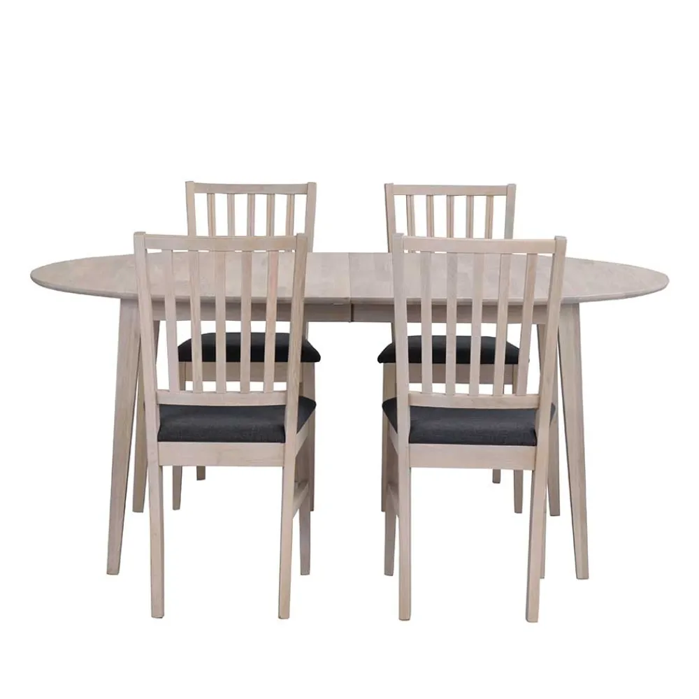 Wohnen Ovaler Esstisch Eiche White Wash & 4 Stühle Pessoa mit Webstoff Grau (fünfteilig)