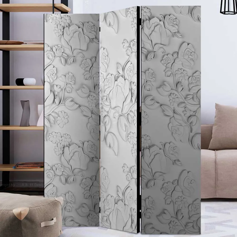 Wohnen Vintage Möbel*Paravent mit Blumen in Hellgrau Weiß - Tamba
