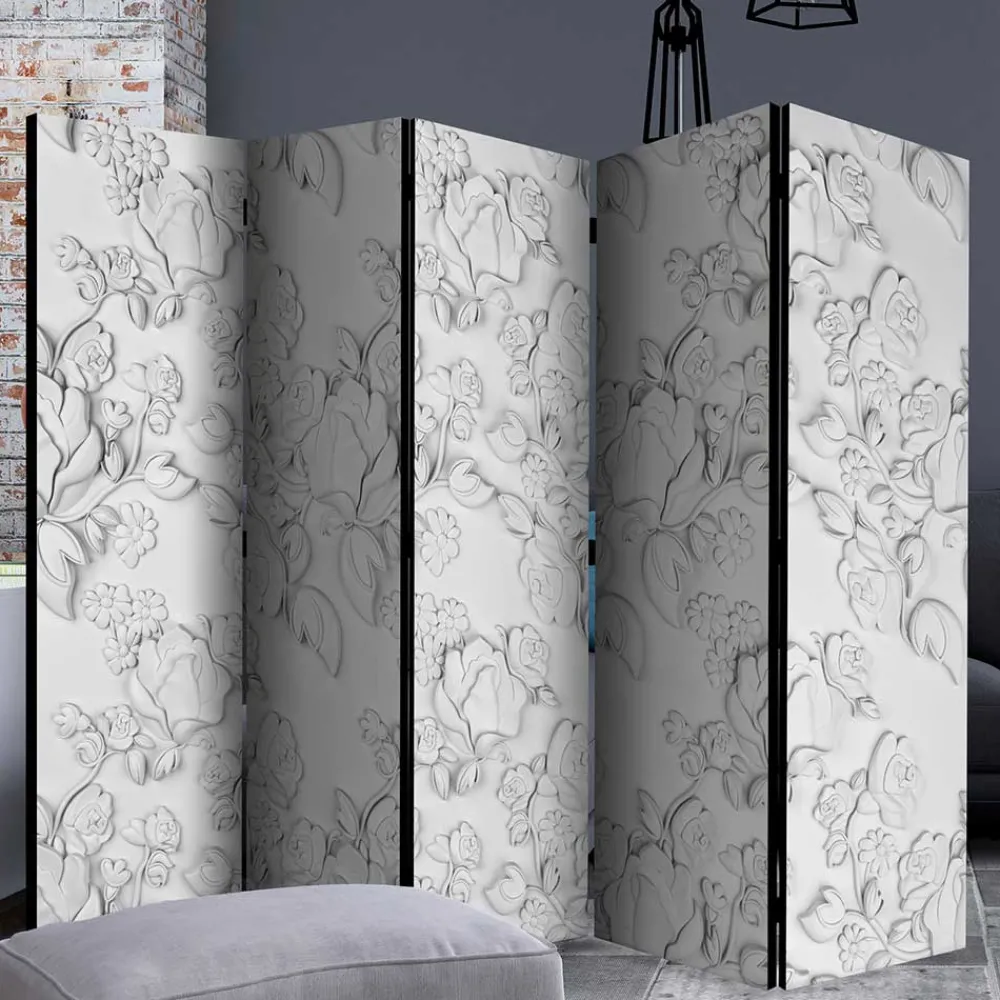 Wohnen Vintage Möbel*Paravent mit Blumen in Hellgrau Weiß - Tamba