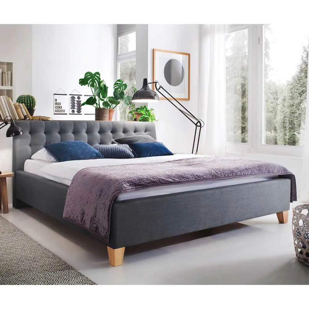 Wohnen Polsterbett in Grau & Eiche - Saludio