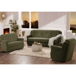 Wohnen Polstergarnitur in Dunkelgrün Flockstoff - Ramira (dreiteilig)