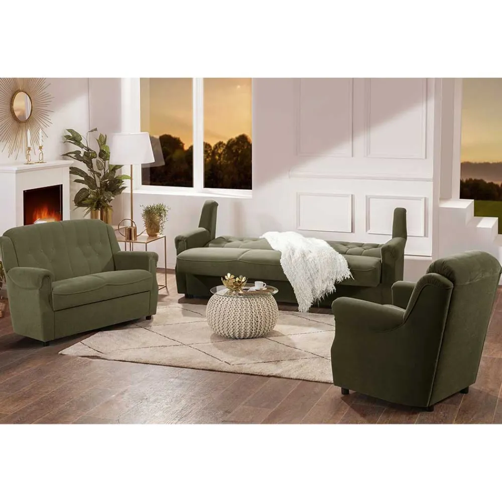 Wohnen Polstergarnitur in Dunkelgrün Flockstoff - Ramira (dreiteilig)