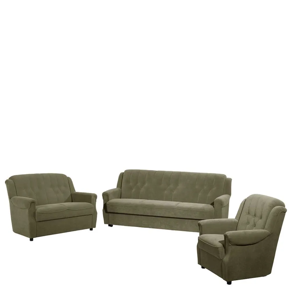 Wohnen Polstergarnitur in Dunkelgrün Flockstoff - Ramira (dreiteilig)