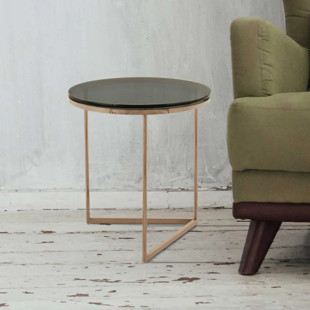 Wohnen Graue Möbel|Glasmöbel*Rauchglas Beistelltisch mit Gestell in Rosegold - Shivan
