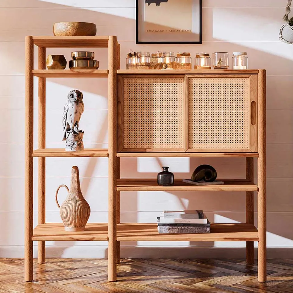 Wohnen Rattanmöbel*Regal aus Wildbuche mit zwei Schiebetüren - Indrya