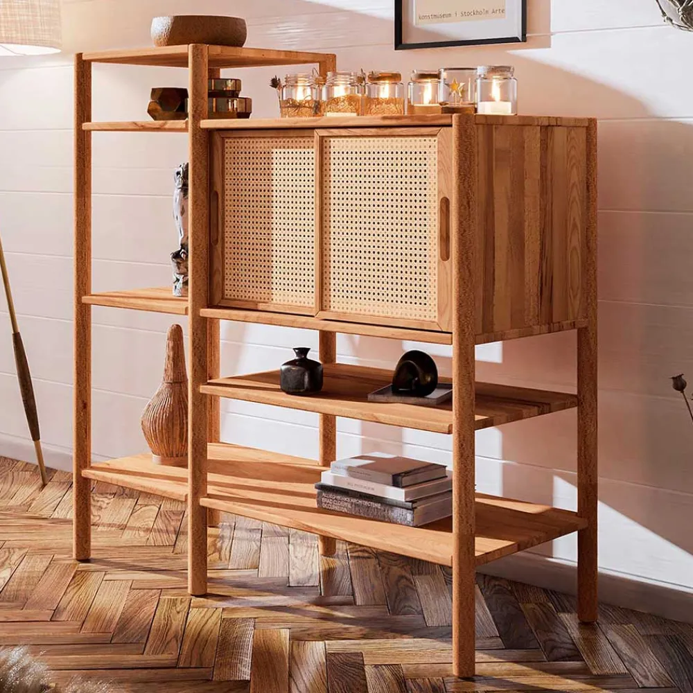 Wohnen Rattanmöbel*Regal aus Wildbuche mit zwei Schiebetüren - Indrya