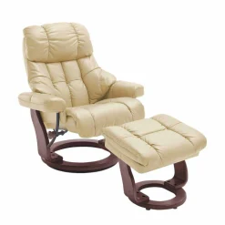 Wohnen Braune Möbel|Sessel & Hocker*Relax Sessel mit Leder in Creme & Gestell Walnuss Hermine inkl. Hocker (zweiteilig)