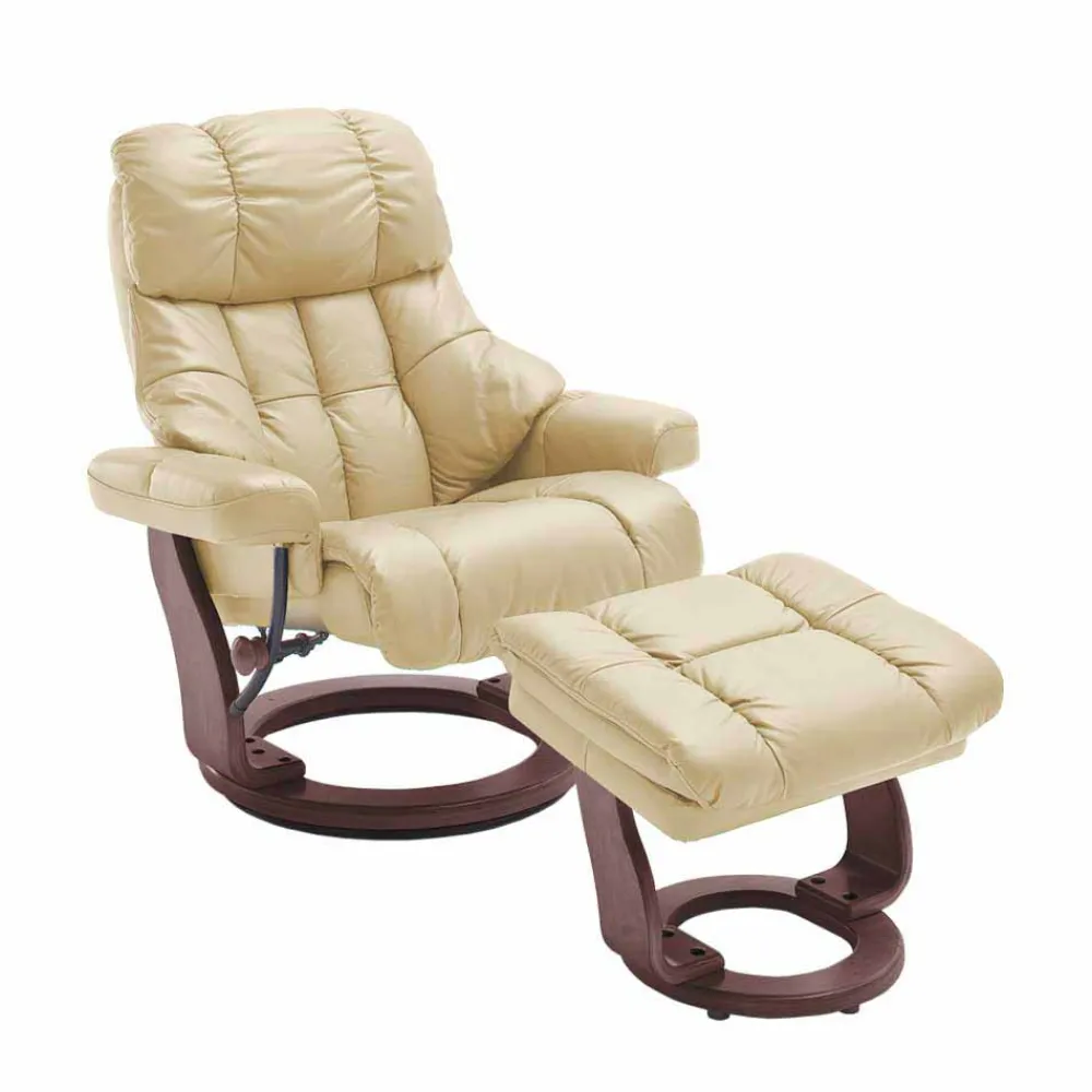Wohnen Braune Möbel|Sessel & Hocker*Relax Sessel mit Leder in Creme & Gestell Walnuss Hermine inkl. Hocker (zweiteilig)