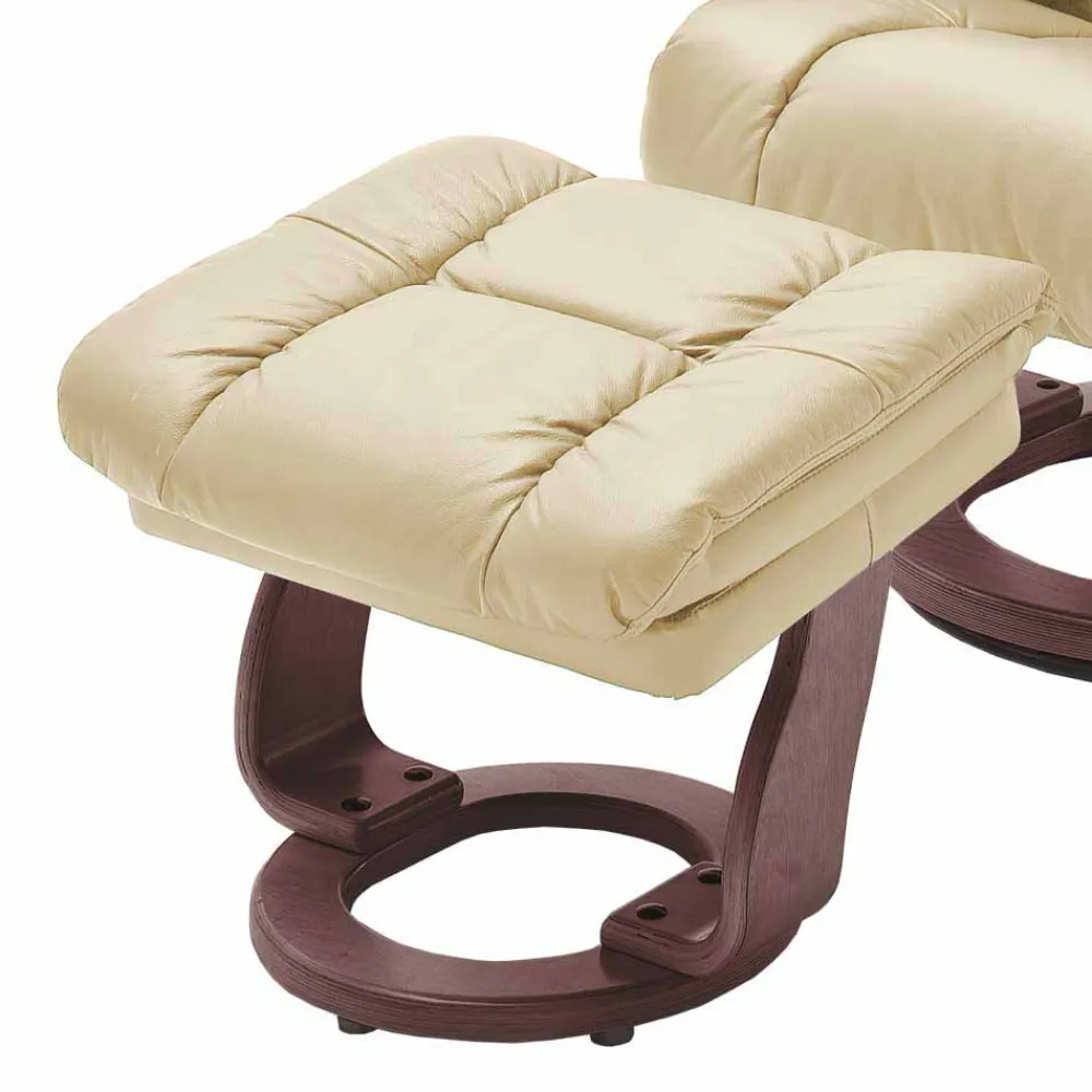 Wohnen Braune Möbel|Sessel & Hocker*Relax Sessel mit Leder in Creme & Gestell Walnuss Hermine inkl. Hocker (zweiteilig)