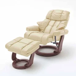 Wohnen Braune Möbel|Sessel & Hocker*Relax Sessel mit Leder in Creme & Gestell Walnuss Hermine inkl. Hocker (zweiteilig)