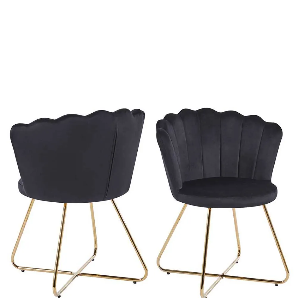Wohnen Schwarze Möbel|Designermöbel*Retro Muschelstühle in Schwarz Samt - Rubins (2er Set)