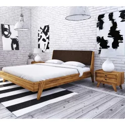 Wohnen Naturholzmöbel|Retro Möbel*Retrobett aus Wildeiche & Kunstleder - Hardus (dreiteilig)