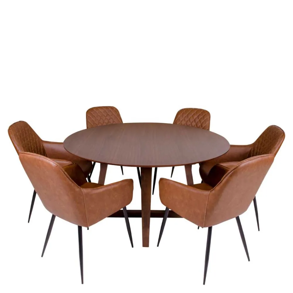 Wohnen Küchen-Essgruppen|Esszimmer Komplett*Runde Design Tischgruppe in Braun - Annescu (siebenteilig)