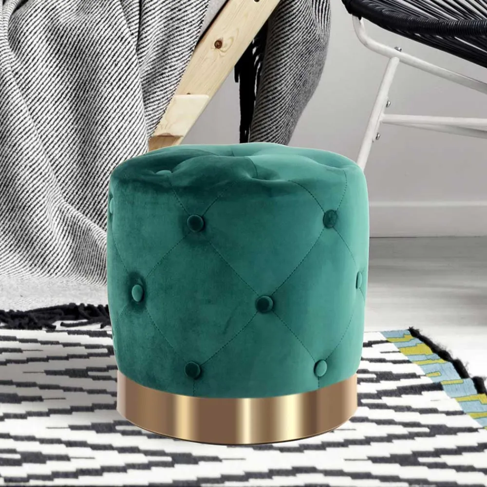 Wohnen Runder Hocker in Grün Samt & Gold Metall - Emiato