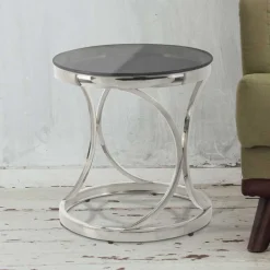 Wohnen Telefontische*Runder Schwarzglas Beistelltisch mit Edelstahl - Elian