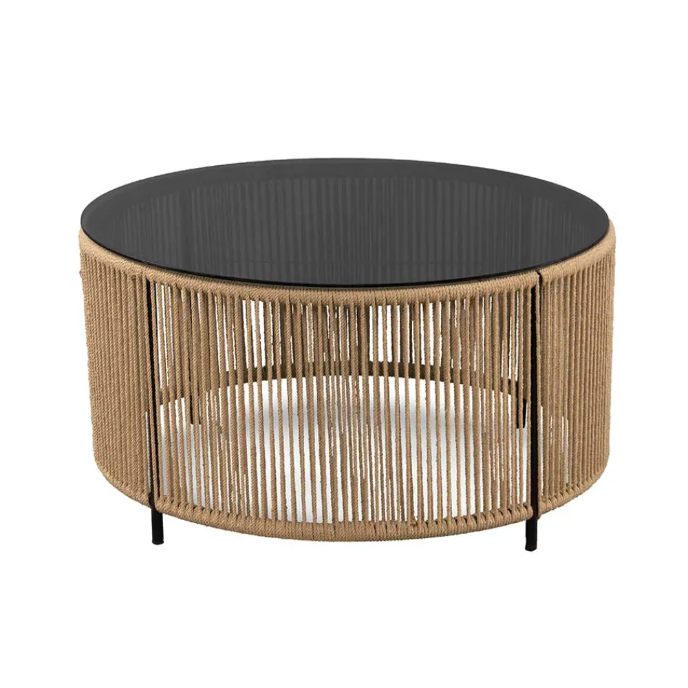 Wohnen Rattanmöbel*Runder Sofatisch mit grau getönter Glasplatte - Pharina