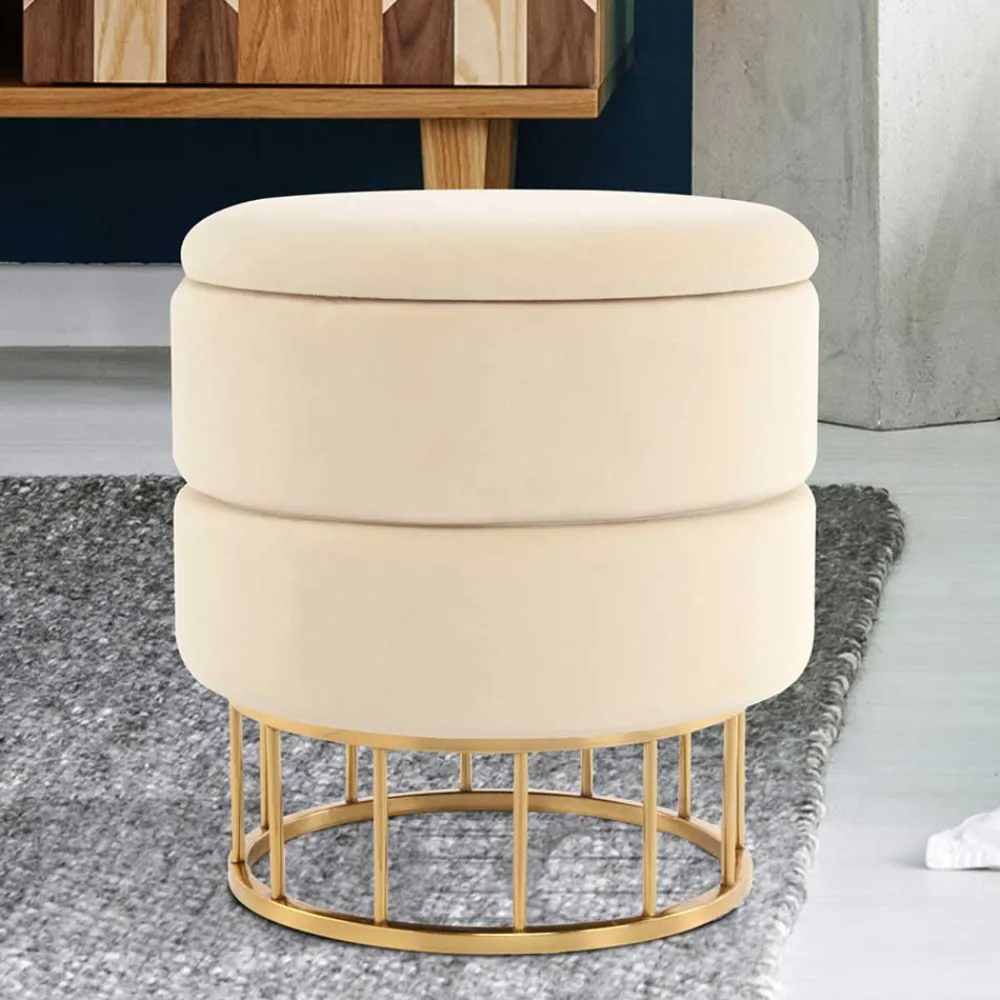 Wohnen Runder Stauraum Hocker in Creme & Gold - Loeesa