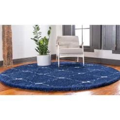 Wohnen Runder Teppich in Dunkelblau & Creme Hochflor - Vimanco