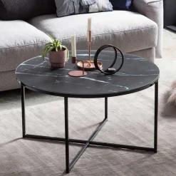 Wohnen Runder Wohnzimmer Glastisch in Marmor Schwarz - Adiana