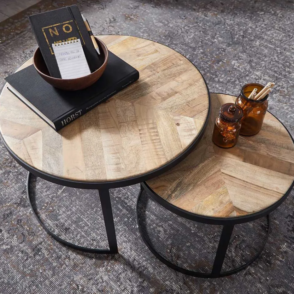 Wohnen 2-Satz Couchtisch mit Holzplatte Rund - Bernesa (zweiteilig)