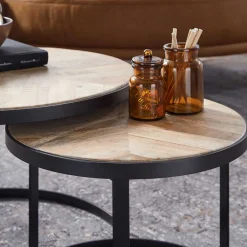 Wohnen 2-Satz Couchtisch mit Holzplatte Rund - Bernesa (zweiteilig)