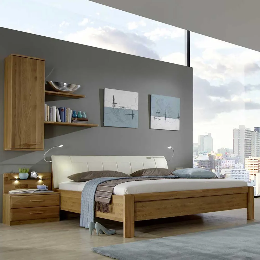 Wohnen Weiße Möbel|Glasmöbel*Schlafzimmer Set Waruna mit Eiche Massivholz (vierteilig)