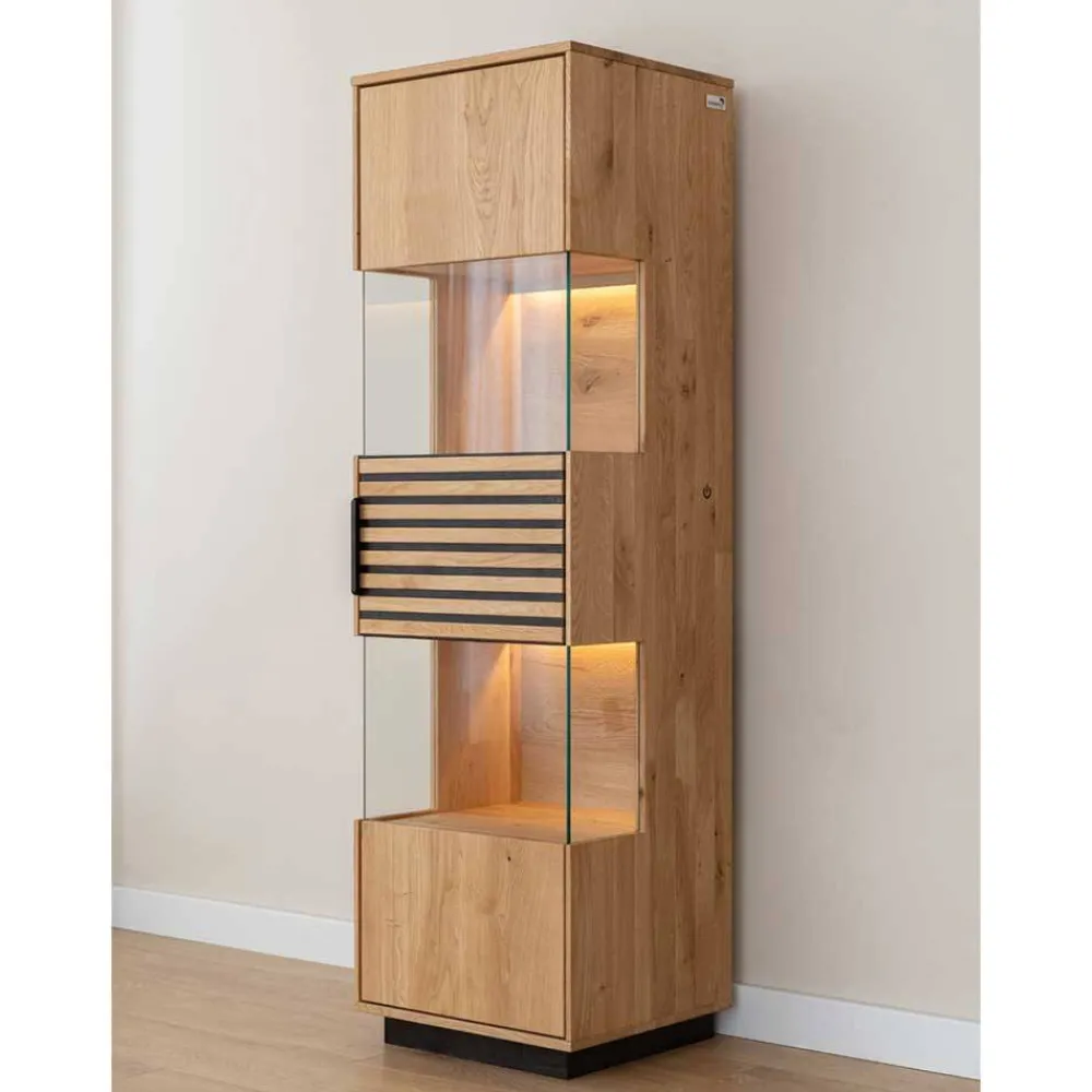 Wohnen Schwarze Möbel|Wohnzimmerschränke*Schmale Massivholz Vitrine mit LED Beleuchtung - Eribella