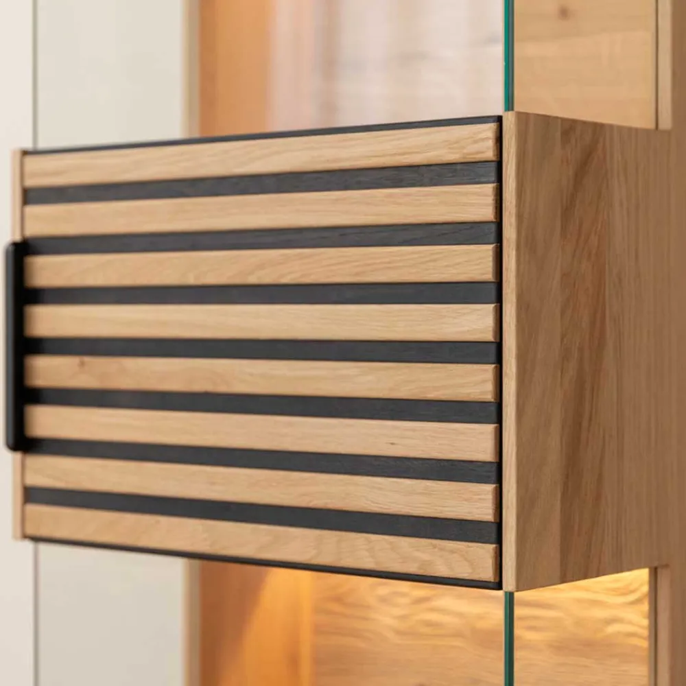 Wohnen Schwarze Möbel|Wohnzimmerschränke*Schmale Massivholz Vitrine mit LED Beleuchtung - Eribella