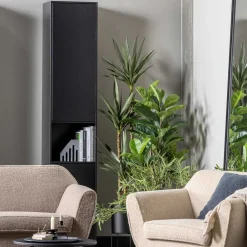 Wohnen Esszimmer-Vitrinen*Schmaler Hochschrank in Schwarz Kiefernholz teilmassiv - Niwidus