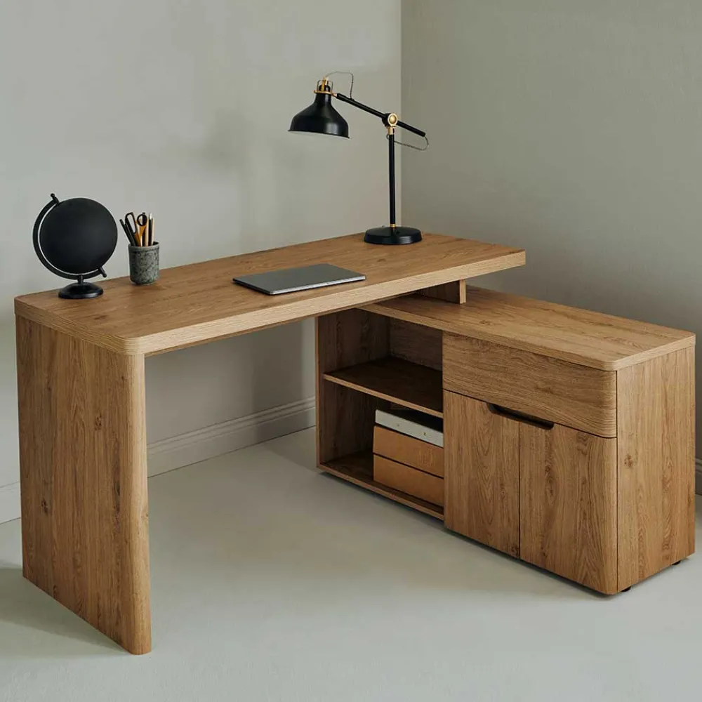 Kinder Wohnen Schreibtisch mit Seitenregal in Eiche Optik - Abacho