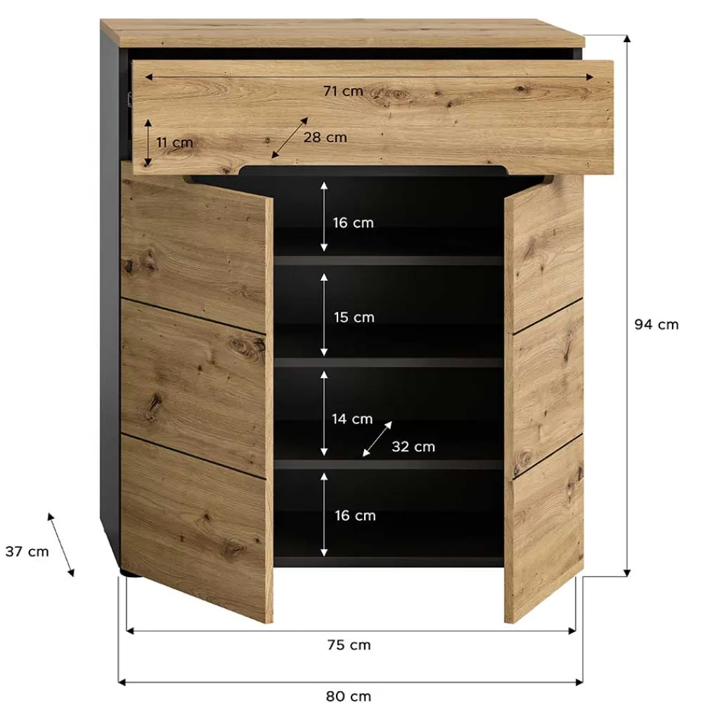 Wohnen Schuhkommode in Wildeiche mit Grau - Norja