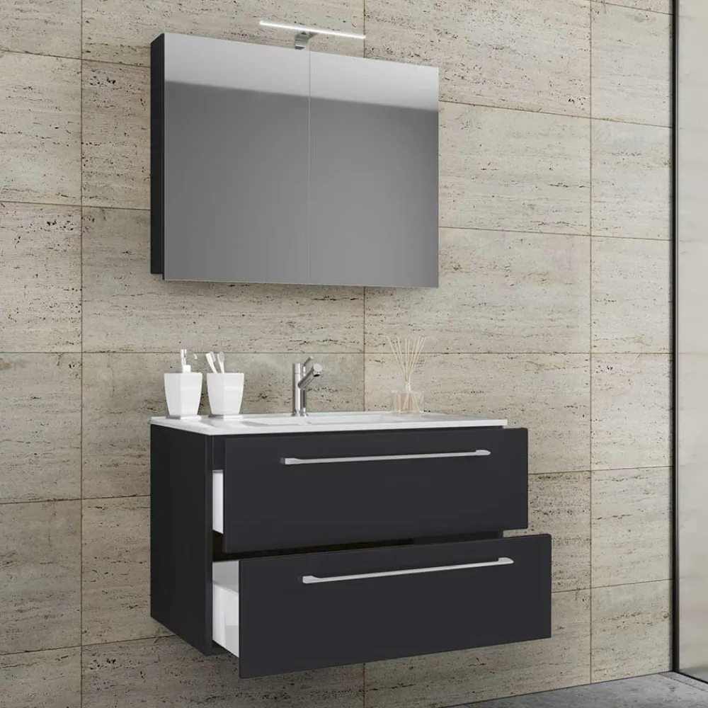 Wohnen Schwarze Möbel|Glasmöbel*Schwarzer Badezimmer-Waschplatz Set - Gloriella (zweiteilig)