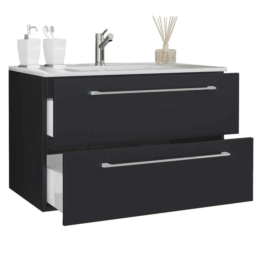 Wohnen Schwarze Möbel|Glasmöbel*Schwarzer Badezimmer-Waschplatz Set - Gloriella (zweiteilig)