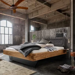 Wohnen Graue Möbel|Naturholzmöbel*Schwebebett mit Leder-Kopfteil - Emjan