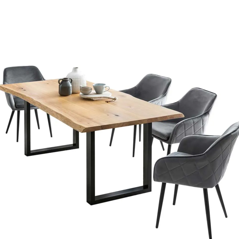 Wohnen Küchen-Essgruppen|Esszimmer Komplett*Set Baumkantentisch & Samtstühle - Sylverta (fünfteilig)
