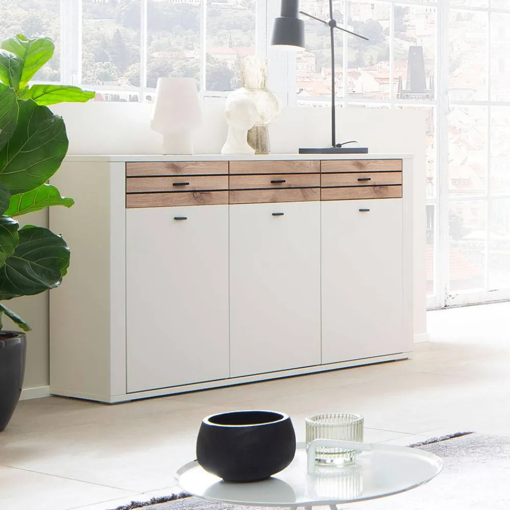 Wohnen Sideboard in Lichtgrau mit Wildeiche - Ballina